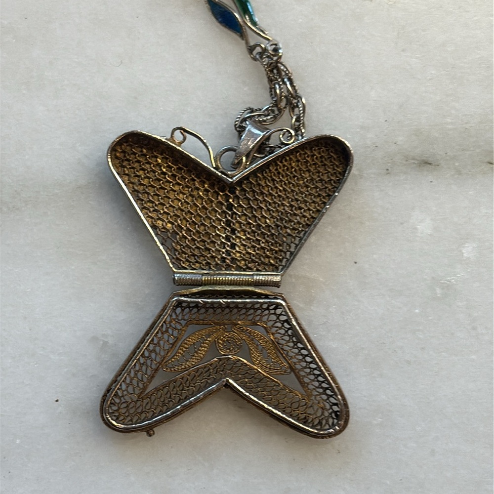 Vintage Chinese Cloisonné butterfly necklace, stamped silver (china) - Picture 3 of 10